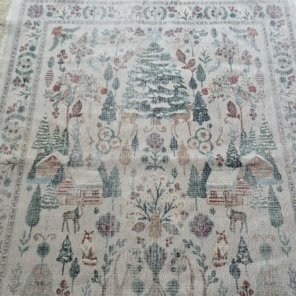 Ruggable 2x3 Washable Accent Rug Winter Woodland Christmas Pine Tree Cabin Deer